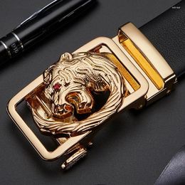 Belts 2023 Men's Lion Button Leather Belt Simple Leisure Business Luxury Stainless Steel Cowskin 110-130