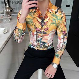 Men's Casual Shirts Luxury Vintage Print Shirts For Men Long Sleeve Slim Casual Shirt Business Social Party Tuxedo Streetwear Camisas Para Hombre W0410