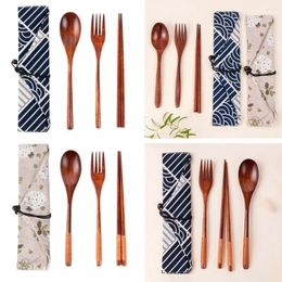Dinnerware Sets Tableware Spoon Fork Portable With Bags Bamboo Flatware Reusable Wooden Cutlery