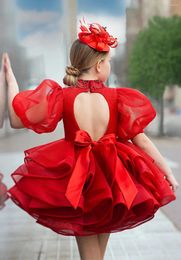 Girl Dresses Red Tulle Flower Dress For Wedding Cute Mini Above-knee Puffy High Neck Ruffles With Bow Kids Pageant Ball Gowns