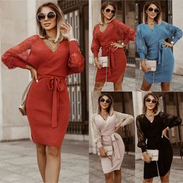 Lace Knitted Dress Autumn and Winter New plus Size Women's Clothing European and American Foreign Trade Long Sleeve Slim Slimming Temperament Wool Skirt