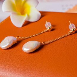 Dangle Earrings 13-14mm Fashion Natural White Coin Pearl Gold Chain Ear Stud Cultured Halloween Lucky Women VALENTINE'S DAY Diy Classic