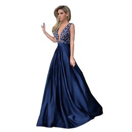 Navy Blue Sequin Crystal Beads Formal Evening Dresses Stain Elegant Floor Length Prom Party Gowns Sleeveless Backless Gowns