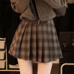 Skirts Pleated For Women American Style Retro Plaid College Autumn Sweet Girls Chic High Waist Belted Fashion All-match Mini