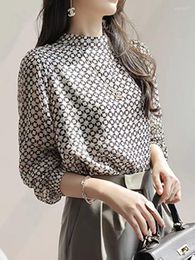 Women's Blouses Korean Style Female Casual Printed 3XL Loose Chiffon Shirt Womens Summer Wear Semi-high Neck Long Sleeve Tops Blusas Mujer