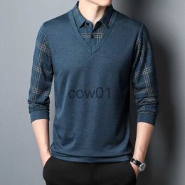 Men's T-Shirts Spring and Autumn Men's Pullover Collar Button Plaid Panel Contrast Colour Long Sleeve T-shirt Polo Bottom Fashion Formal Tops J231111