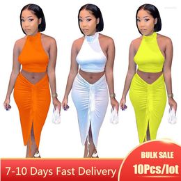 Work Dresses Bulk Items Wholesale Lots Two Piece Skirt Set Women Halter Sleeveless Tops Drawstring Ruched Dress Summer Party Club Outfits