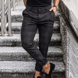 Men's Pants Mens Casual Trousers Skinny Stretch Chinos Slim Fit Pant Plaid Check Male 2022204l