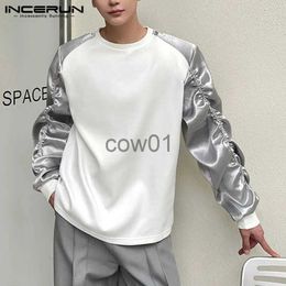 Men's T-Shirts Men T Shirt Patchwork Shiny O-neck Long Sleeve Streetwear Autumn Men Clothing Loose Korean 2023 Fashion Casual Tee Tops INCERUN J231111