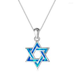 Pendant Necklaces Simple Trendy Hexagram Necklace Blue Fire Opal Stone Classic Silver Color Chain For Women Men Jewelry