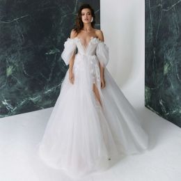 Classy Long V Neck Tulle Wedding Dresses with Puffy Sleeves Slit Lace Applique A Line Floor Length Bridal Gowns