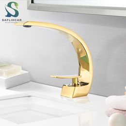 Bathroom Sink Faucets Golden Polished Vanity Single Handle and Cold Water Mixier Deck Mount Crane 230410