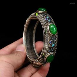 Bangle Collection China Tibetan Silver Cloisonne Inlaid Green Jade Charm Brace Lace Bracelet