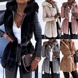 Womens Fur Faux Autumn Winter Coat Women with Belt Hooded Solid Color Zipper Jacket Clothing 231110
