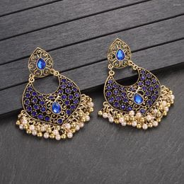 Dangle Earrings Ethnic Blue CZ Jhumka India Jewellery Women's Gold Colour Alloy Beads Tassel Female