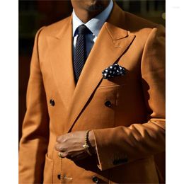 Men's Suits Orange Double Breasted Mens Evening Party Wear Two Pieces Formal Occasion Peaked Lapel Wedding Dress Suit Coat Pants