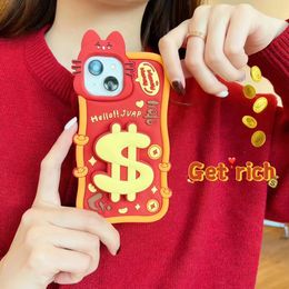 Luxury New Year Gift Phone Case Soft Solid Colour Case For iphone 15 14 11 12 13 pro max iphone15 tpu Lucky cat dollar holder Shockproof Protect good wish back cover