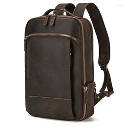 School Bags Vintage Backpack Genuine Leather Men's Travel Bagapck 16 Inch Laptop Bagpack Bag With Belt On Luggage