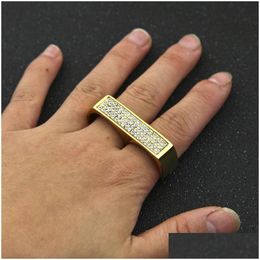Band Rings Hip Hop Rhinestone Twofinger Ring For Mens Geometric Glossy Gold Plated Stainless Steel Simple Fashion Jewellery Dro Dhgarden Ot3Ro