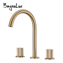 Bathroom Sink Faucets Basin Mixer Water Faucet Brushed Gold Brass Deck Mounted Dual Holder Three Hole Mixed Cold And 230410