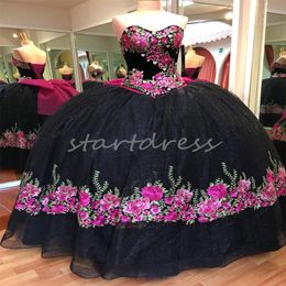 Mexican Theme Black Quinceanera Dresses Charro 2024 Luxury Flower Vestido De Xv 15 Anos Sixteen Birthday Party Gown Hot Pink Big Bow Sweet 16 Dress Robe De Mariage