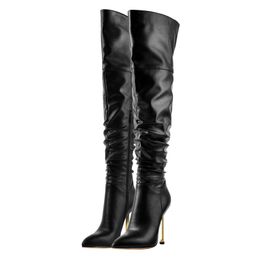 Women Boots Leather 2024 Martin Pillage Toe Gold High Heels Knight Thigh-high Boots Knee-high Booties Pointed Long Knee Wedding Shoes Zipper Pleated Big Size 28384