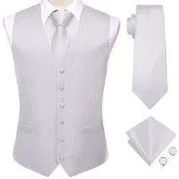 Men's Vests Silvery White Mens Luxury Silk Solid Necktie Handkerchief Cufflinks Sleeveless Suit Waistcoat Set Business Designer Hi-Tie