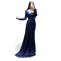 Eightale Long Formal Occasion Evening Dresses Navy Blue Long Sleeves Satin Mermaid Women Party Gown For Prom