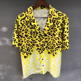 Men's Casual Shirts Men Yellow Leopard Color Contrast Print Shirt Short Sleeve Casual Shirt Streetwear Camisa Fashion Masculina Shirt Moda Hombre 230410