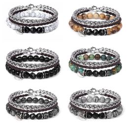 Steel Alloy Chain Bracelet Men's Chakras Natural Stone Beads Vintage Leather Rope Three Piece Set Bracelet