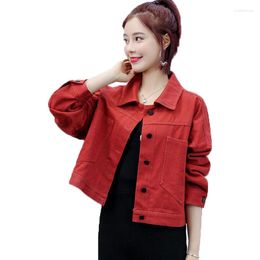 Women's Jackets Spring Autumn 2023 Women Denim Jacket Korean Casual Turn-down Collar Long Sleeve Cropped Fashion Slim Red Coat