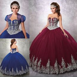 Blue Beaded Royal Ball Gown Quinceanera Dresses Sweetheart Neck Embroidery Prom Gowns with Jacket Tulle Appliqued Sweet 16 Dress s