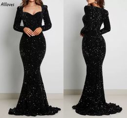 Shiny Black Sequined Mermaid Prom Dresses Aso Ebi Long Sleeves Women Formal Party Gowns Zipper Back Slim Fitted Second Reception Evening Dress Vestidos CL2918