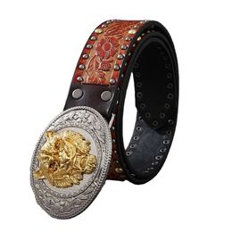 Wholesale man gold lion head buckle belt zinc alloy western buckle leather studded belts for women