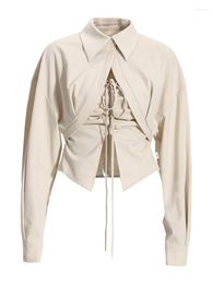 Women's Blouses PREPOMP Fashion Women Lapel Single Button Long Sleeve Short Shirt Bandage Drawstring Sleeveless Vest Two Piece Set GH813