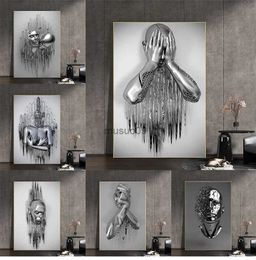 Paintings Lovers Metal Sculpture Canvas Painting Romantic Nordic Silver Couple Art Posters and Prints for Living Room Decor Christmas GiftL231111