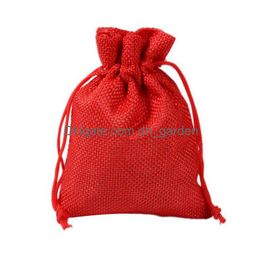 Jewelry Pouches, Bags 7X9Cm 9X12Cm 10X15Cm 13X18Cm Red Mini Pouch Jute Bag Linen Jewelry Gift Dstring Bags For Wedding Favor Dhgarden Dhszs