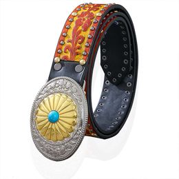 Cowgirl embossed leather women's fashion rivets studded turquoise stone western belts with gold alloy buckle
