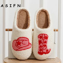 Slippers ASIFN Cute Boot Women's Cowgirl Hat Fluffy Cushion Slides Comfortable Cosy Comfy Smile Houseshoes Laides Winter Shoes 231110