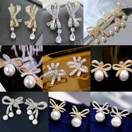 Stud Earrings 1pair Mix Styles Bowknot Pearl Earring Studs Cute Cubic Zircon Luxury Fashion Jewelry For Gift