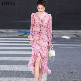 Two Piece Dress South Korea Spring and Summer Two Piece Womens Casual Thin Long Sleeve Flower TopPeplum Chiffon Tights Womens 2PCS 230410