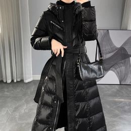 Women's Down Parkas Ladies winter long down jacket high grade zipper belt black navy blue coat 231110
