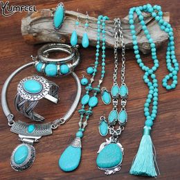 Wedding Jewellery Sets Yumfeel Turquoise Bracelet Set Vintage Silver Plated Necklace Earring Ring Women 231110