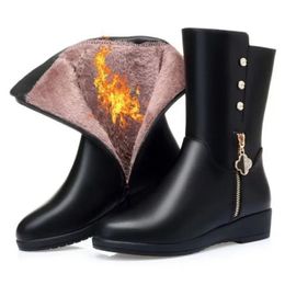 Boots Real Soft Leather Midtube for Women Cotton Shoes Female Mothers Snow Wedges Plus Plush Rabbit Fur Warm 231110