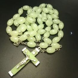 Luminous Christian Catholic Cross Rosary Necklace Glowing Light in Dark Beads Necklaces for Men Women Christians