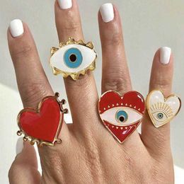 Band Rings Unique Design Heart Eye Open Rings For Women Gold Plated Red Love Heart Blue Eyes Adjustable Opening Ring Fashion Party Jewelry P230411