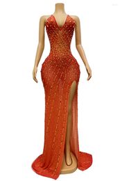 Stage Wear Flashing Gold Red Rhinestones Long Train Backless Dress Birthday Dancer Prom Party Outfit Evening Celebrate Costume Babagan