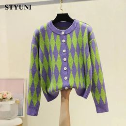 Women's Knits Tees Green Purple Argyle Casual Vintage Soft Knitted Women's Cardigan Korean Fashion Chic Jacket Coat Sweater Woman Winter Warm 231110