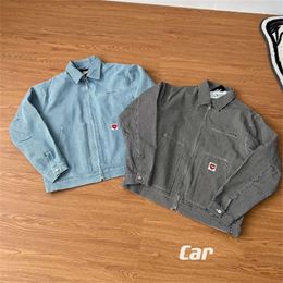 Car Family Love Series Denim Label Embroidered Stripe Polo Jacket for Men and Women Couples