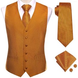 Men's Vests Brown Solid Men Vest Fashion Silk Paisley Necktie Handkerchief Cufflinks Sleeveless Suit Waistcoat Sets Business Designer Hi-Tie